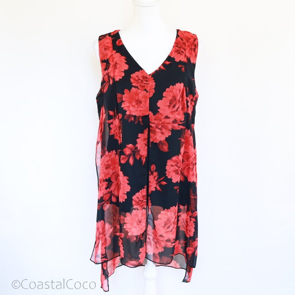 Adele & May Sheer Floral Layered Blouse L Chiffon Red Roses Flowy Work Cocktail